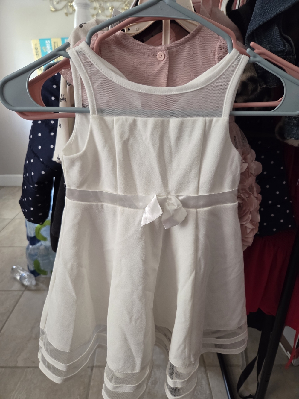 Calvin Klein Whitw Mesh Overlay Dress with Satin Waist